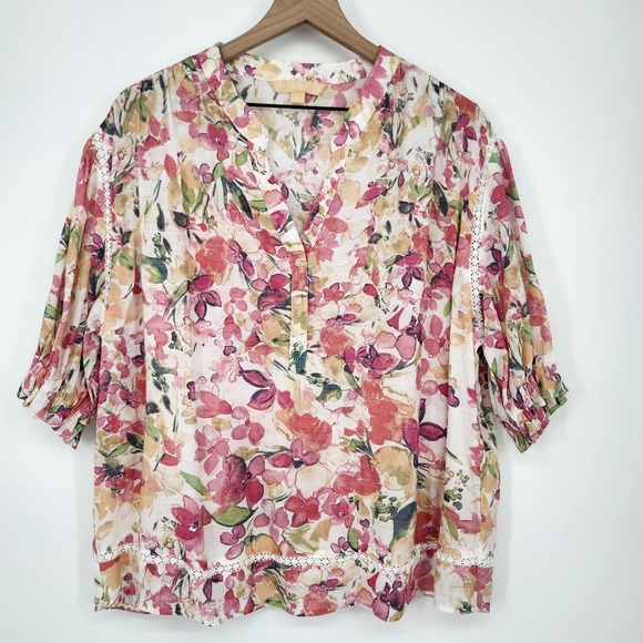 Pink‎ Floral Watercolor Blouse Top Large Lace Cottage Boho Indie Garden Bloom - Picture 2 of 9